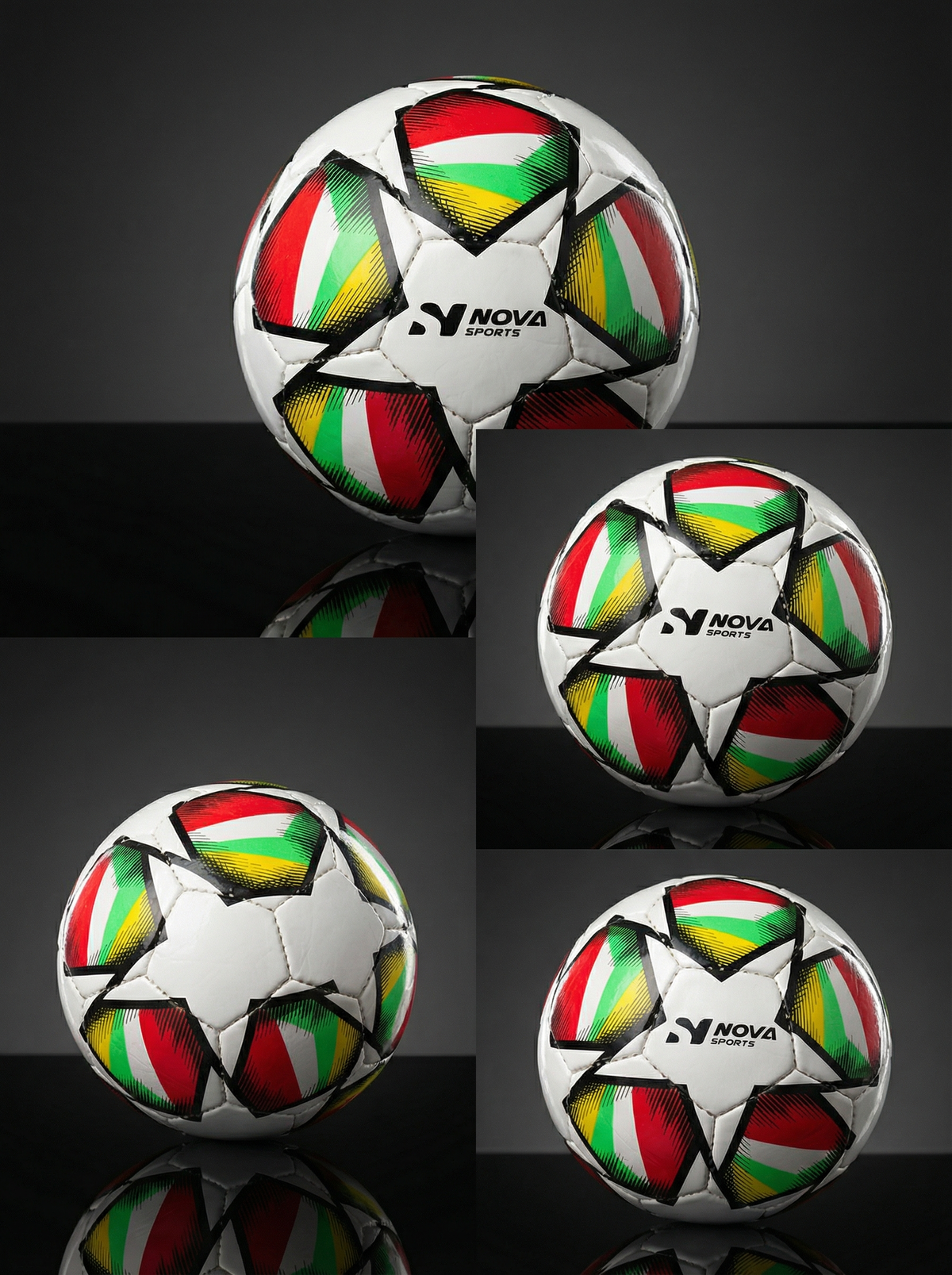 Nova Sports training football, white with green, red and yellow star panels, from several angles — Football from Nova Sports Mauritius
