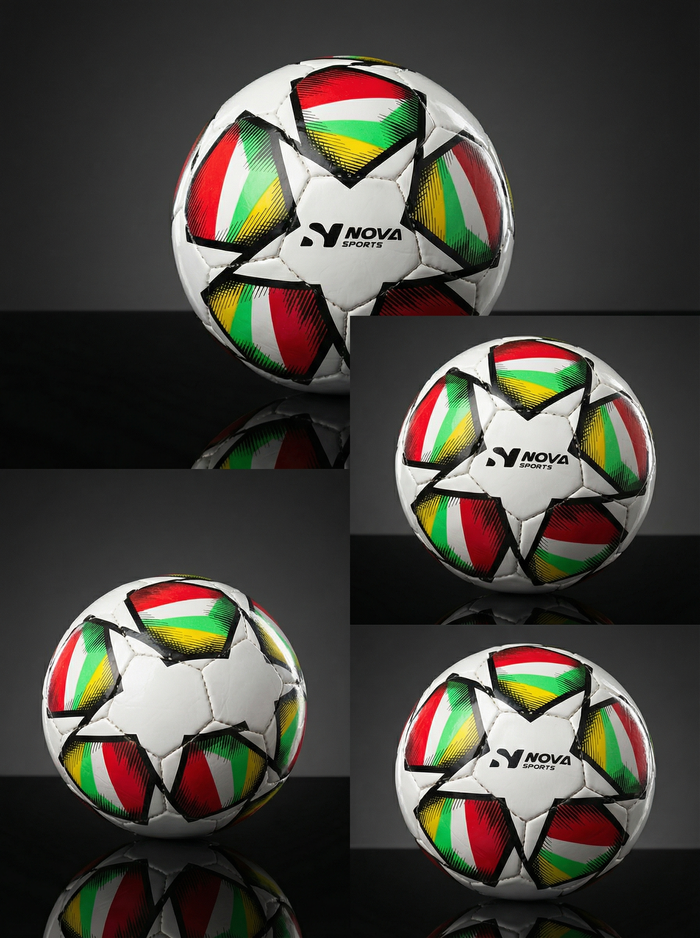 Nova Sports training football, white with green, red and yellow star panels, from several angles — Football available in Mauritius
