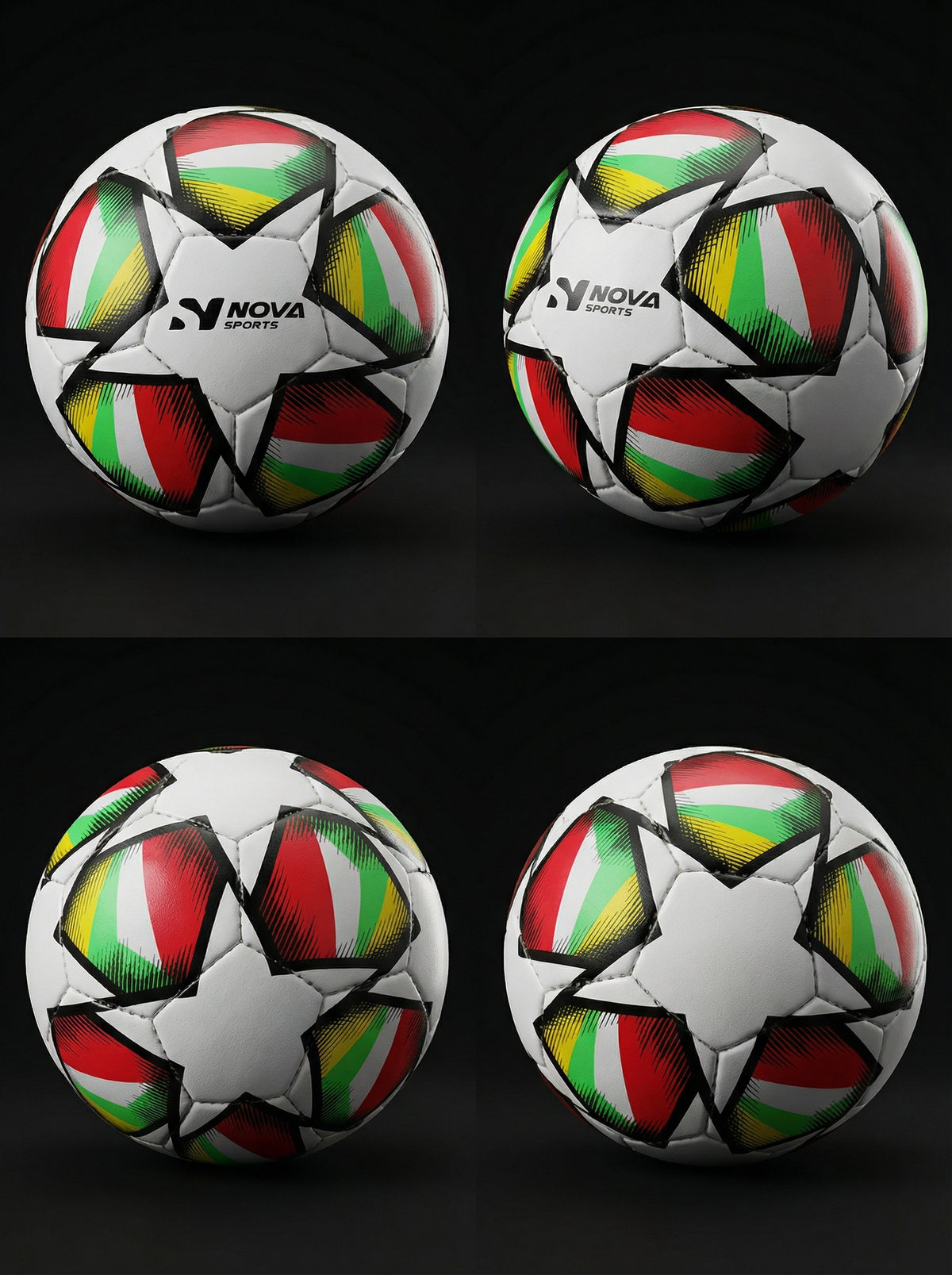 Four views of the Nova Sports training football showing the star panel pattern and branding — Football from Nova Sports Mauritius
