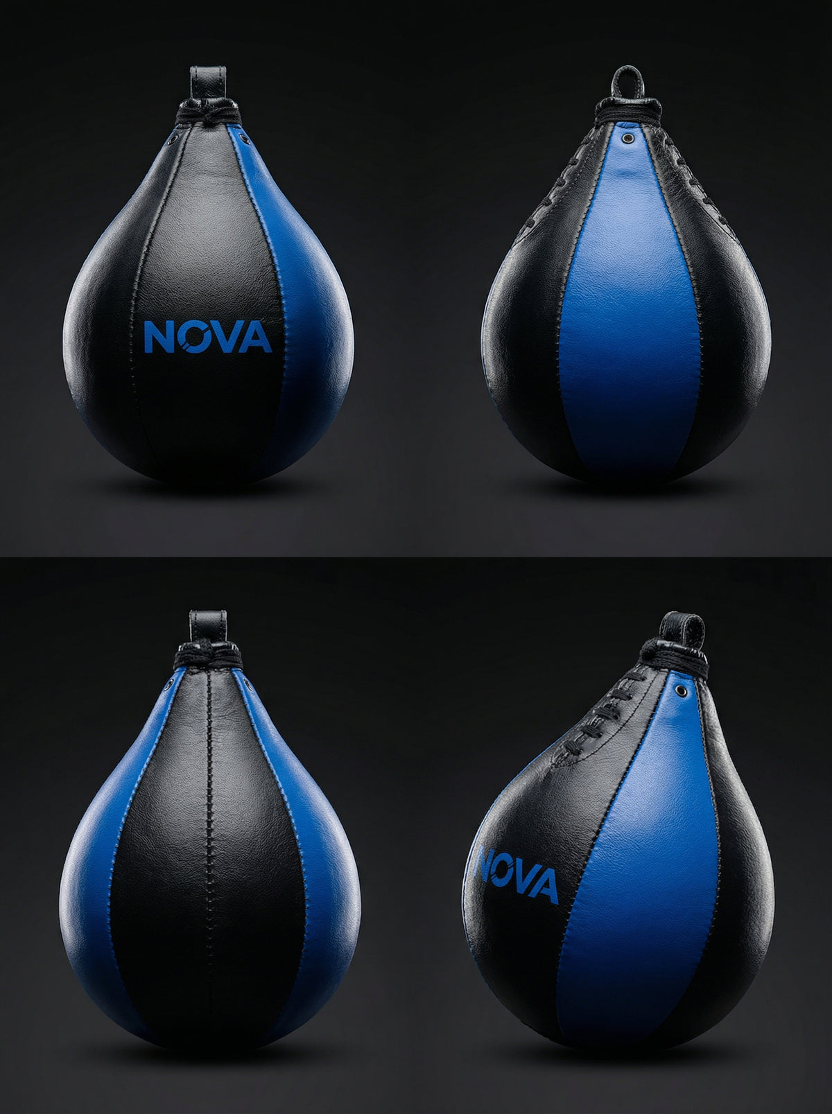 Black and blue leather NOVA speed bag with the blue NOVA wordmark, front and side views — Bags & Speed Balls from Nova Sports Mauritius
