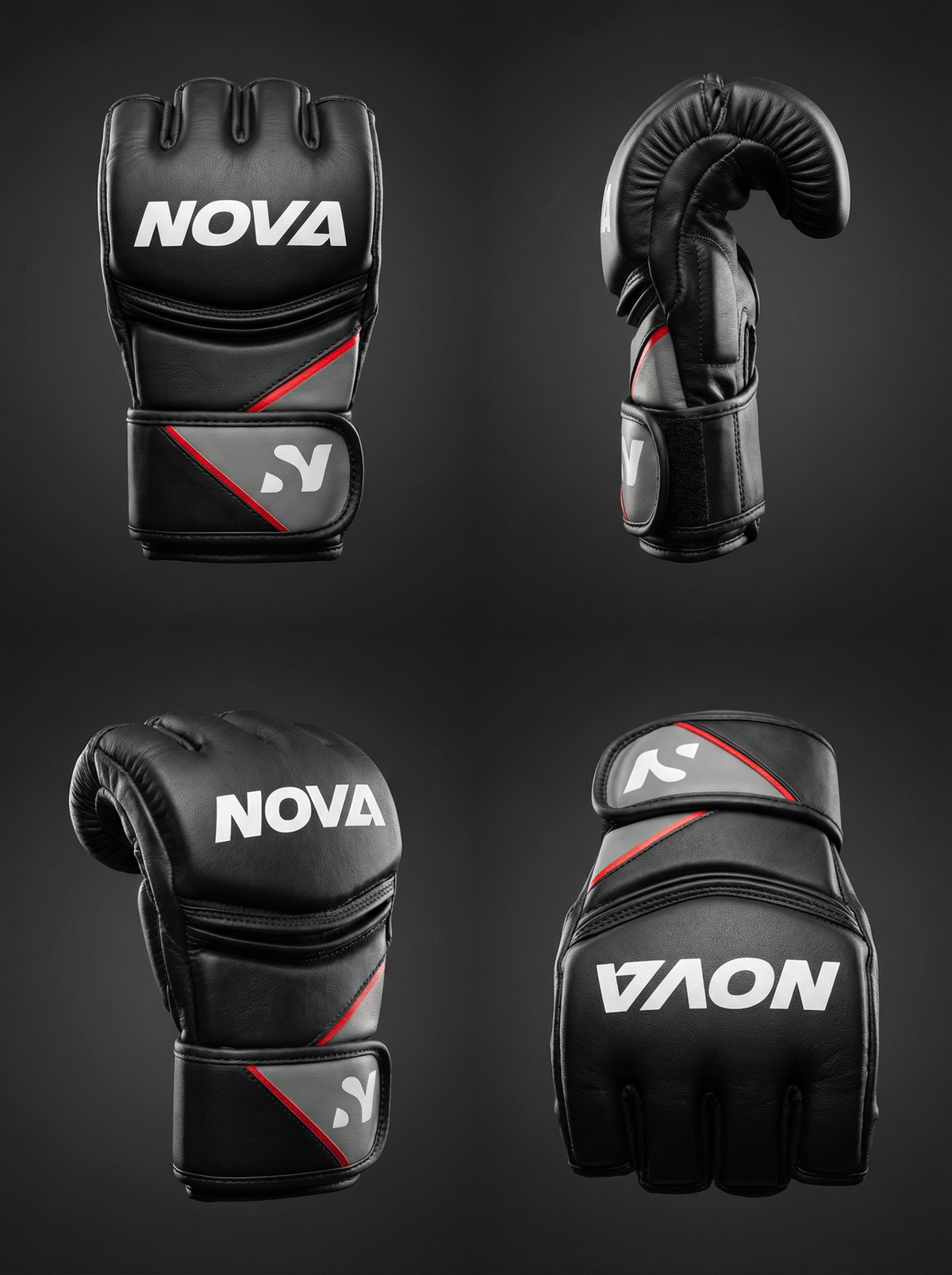 Black NOVA MMA grappling gloves with grey and red trim — open-finger design seen from the back of the hand — Gloves from Nova Sports Mauritius
