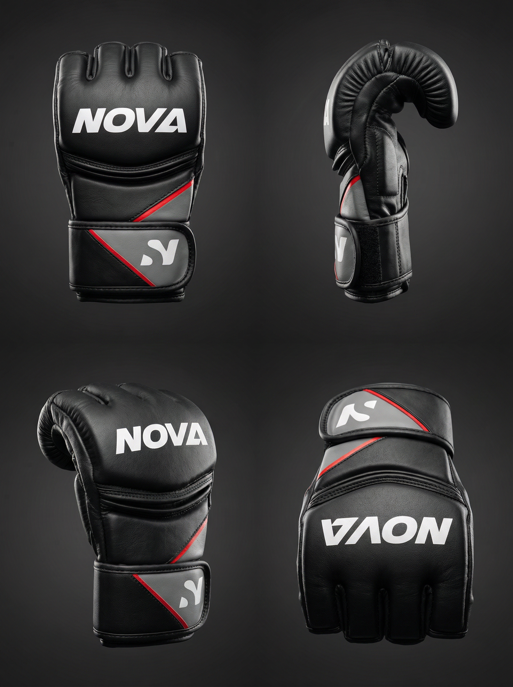 NOVA Black, Grey & Red MMA Grappling Gloves