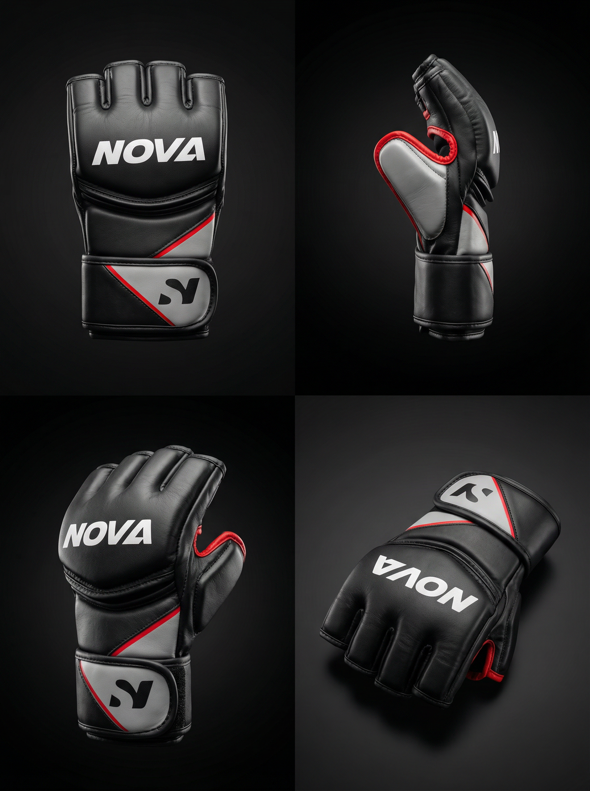 The MMA gloves from the palm side, showing the red-trimmed open palm and the wrist strap — Gloves from Nova Sports Mauritius
