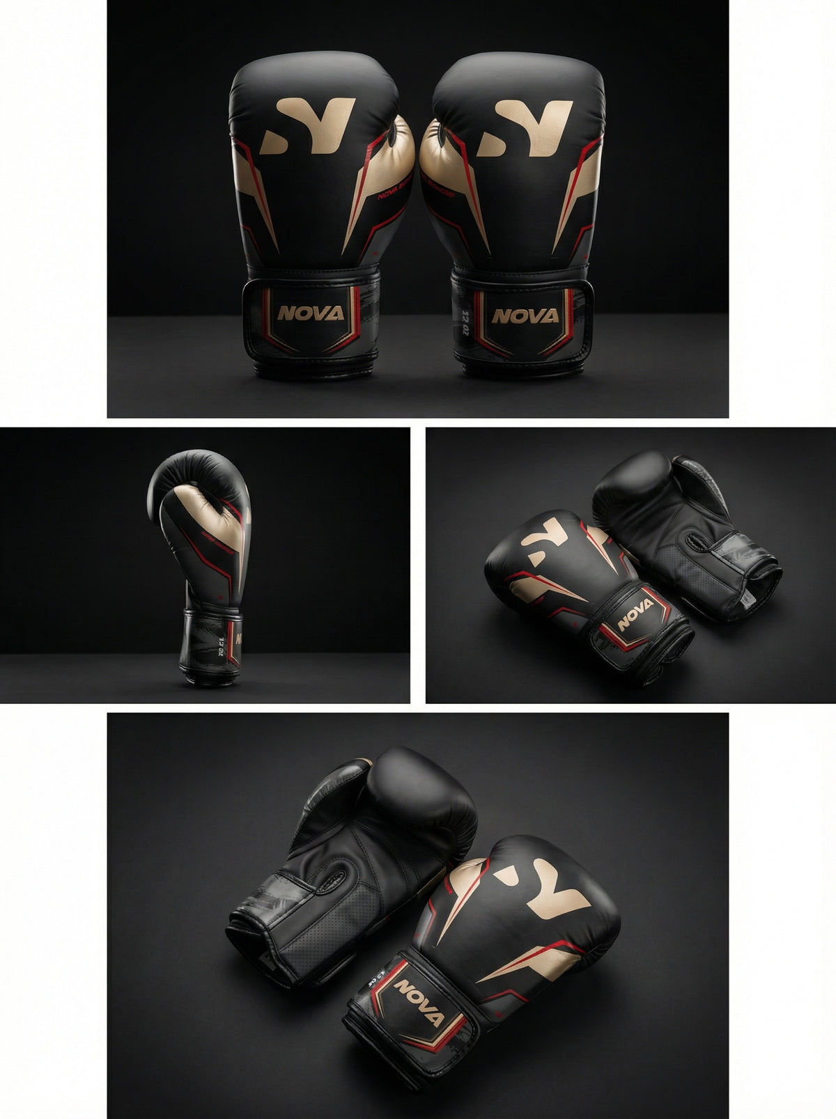 Black NOVA Elite boxing gloves with gold and red detailing, standing as a pair and laid flat — Gloves from Nova Sports Mauritius
