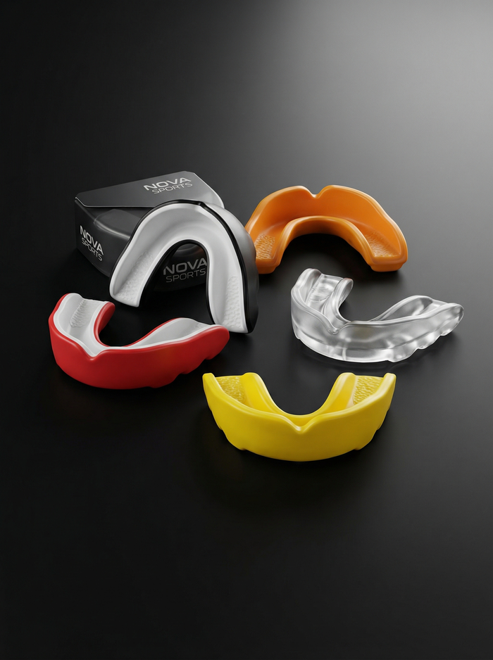 Single-layer Nova gum shields in white, orange, red, yellow and black on a dark surface — Mouth Guards available in Mauritius
