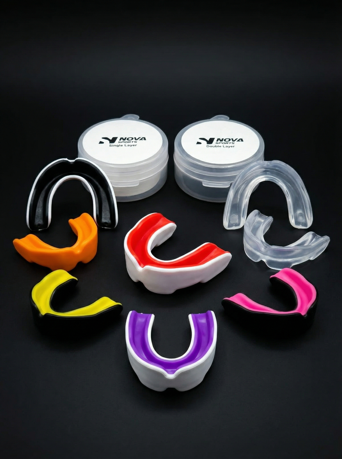 Double-layer Nova gum shields in orange, red, yellow, purple and clear, with round cases — Mouth Guards from Nova Sports Mauritius
