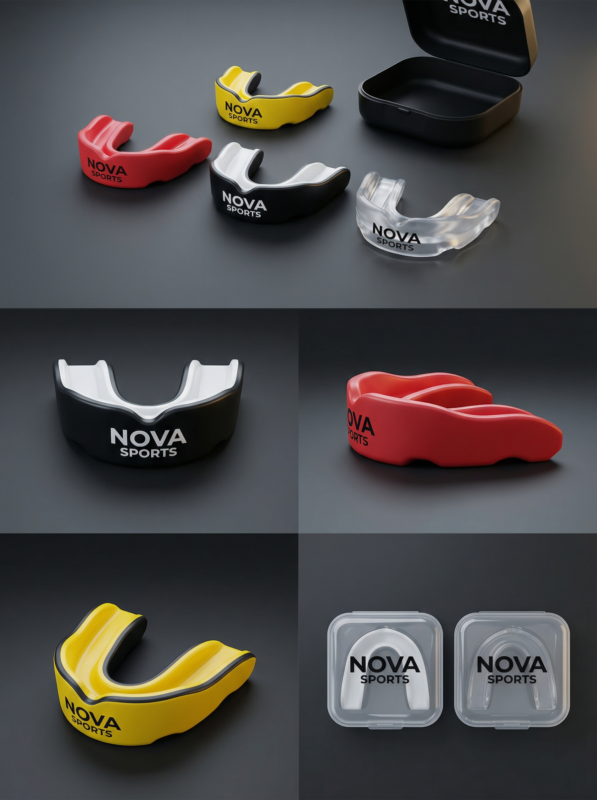 Nova single-layer gum shields with their cases — black, red and yellow, and two clear NOVA cases — Mouth Guards from Nova Sports Mauritius
