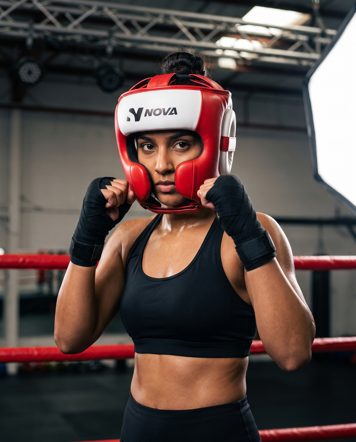 Fighter in ready stance in the ring wearing a NOVA red and white leather head guard — Head Guards from Nova Sports Mauritius
