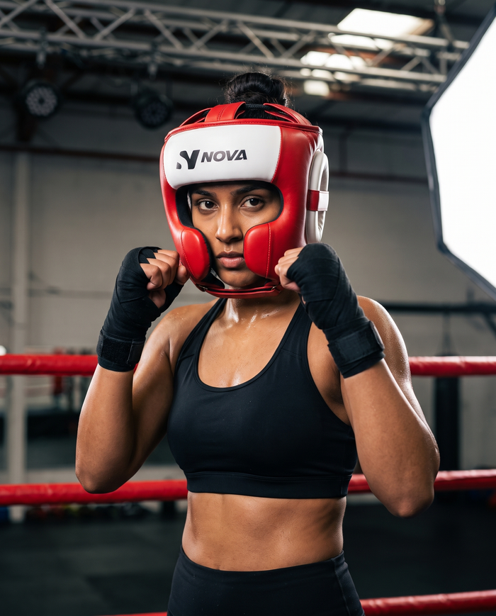 Fighter in ready stance in the ring wearing a NOVA red and white leather head guard — Head Guards available in Mauritius
