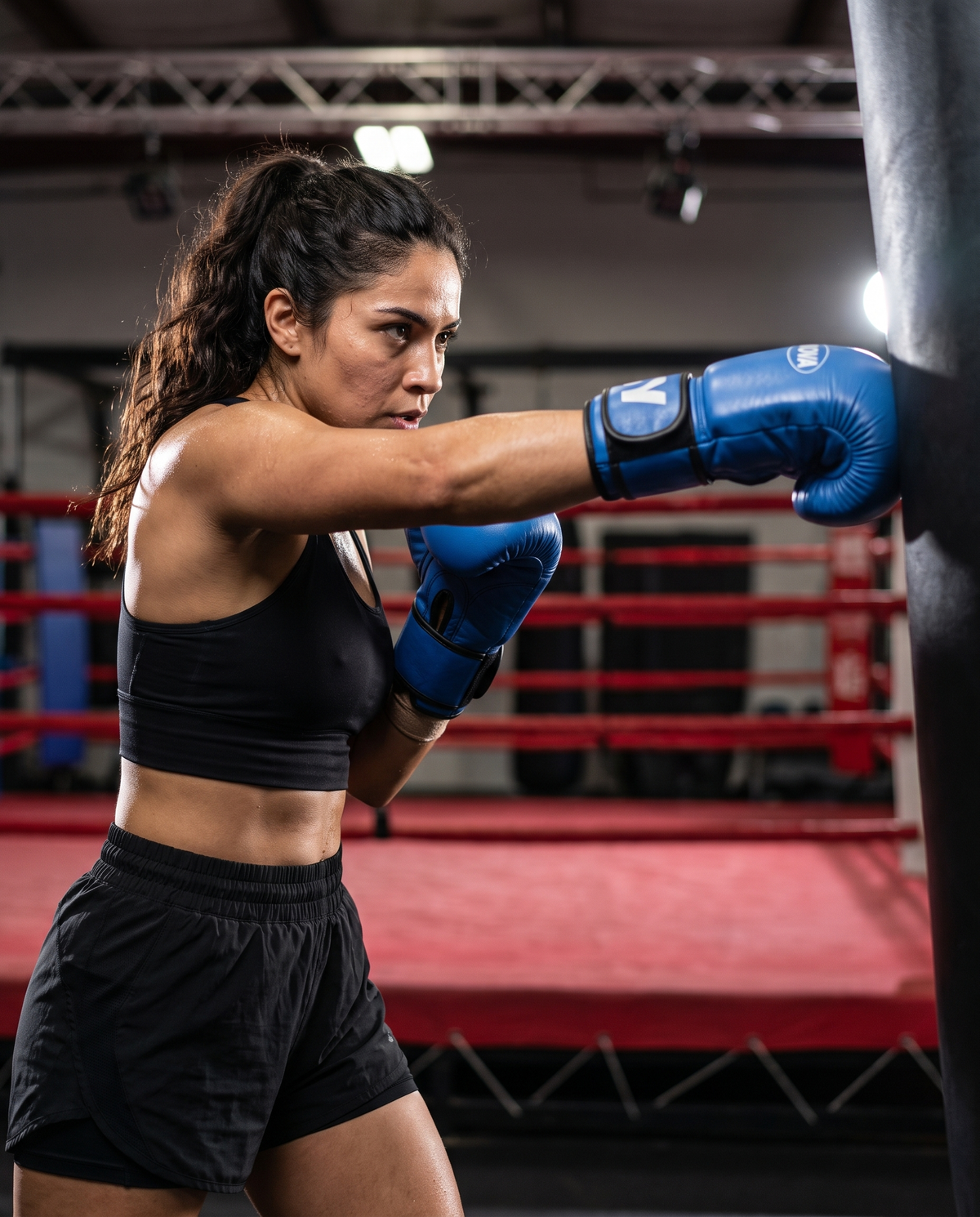 Model throwing a punch on a heavy bag wearing NOVA blue leather boxing gloves — Gloves from Nova Sports Mauritius

