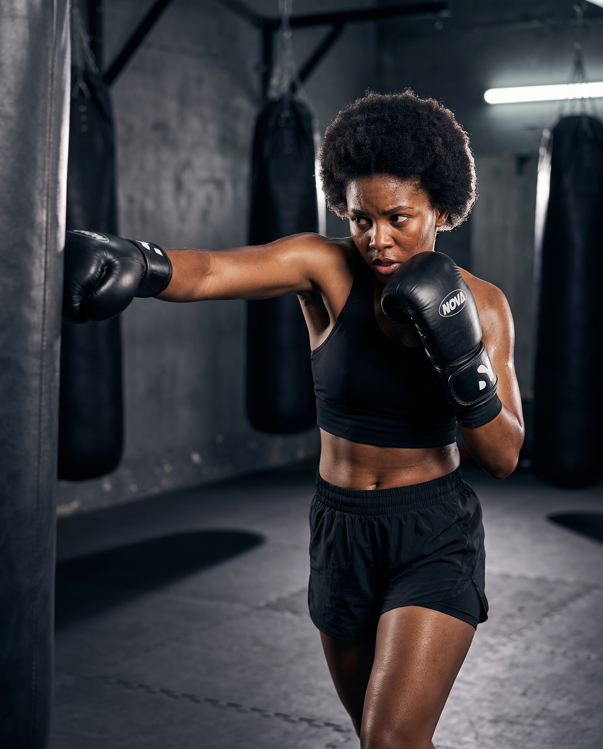 Model throwing a punch on a heavy bag wearing NOVA plain black leather boxing gloves — Gloves from Nova Sports Mauritius
