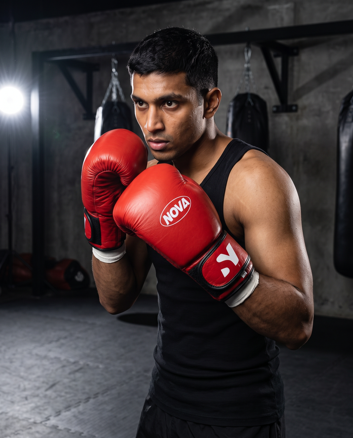 Model in guard stance wearing NOVA red leather boxing gloves — Gloves from Nova Sports Mauritius
