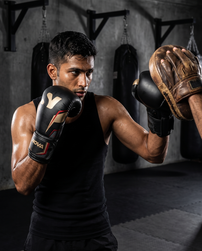 Model landing a mitt strike wearing NOVA black, gold and red boxing gloves — Gloves available in Mauritius
