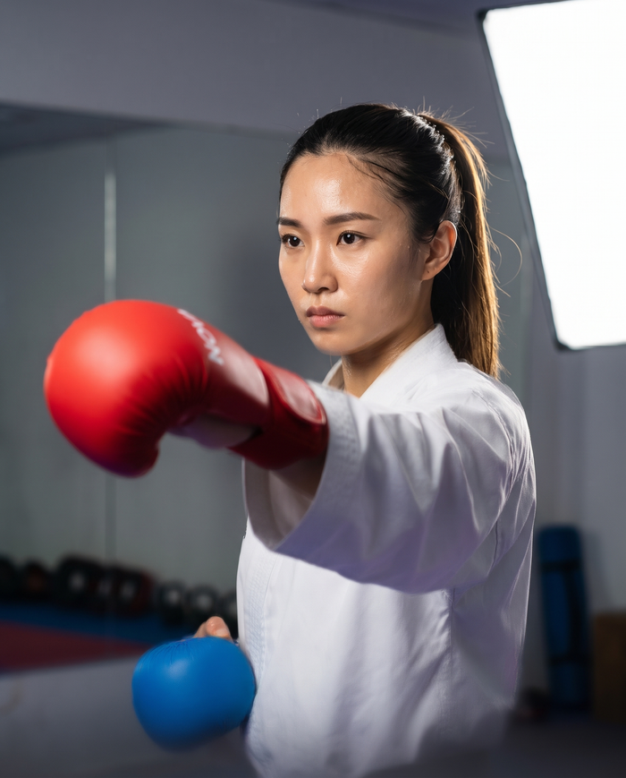 Karate athlete in kumite stance wearing NOVA red and blue karate gloves — Gloves available in Mauritius
