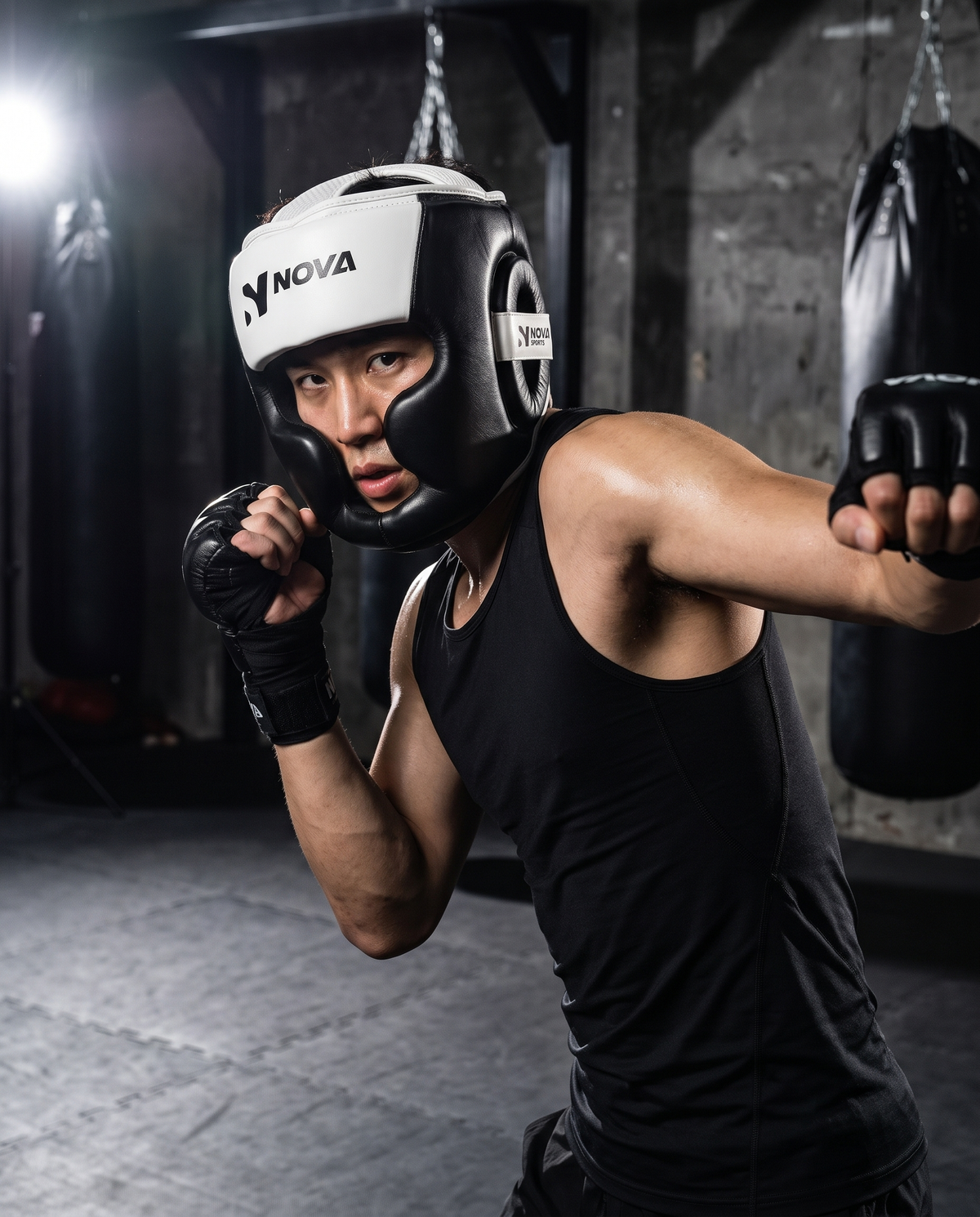 Fighter mid-sparring wearing NOVA black leather head guard with white crown — Head Guards from Nova Sports Mauritius
