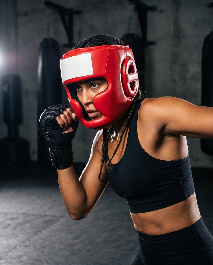 Fighter mid-sparring wearing NOVA red head guard with white brow panel — Head Guards available in Mauritius
