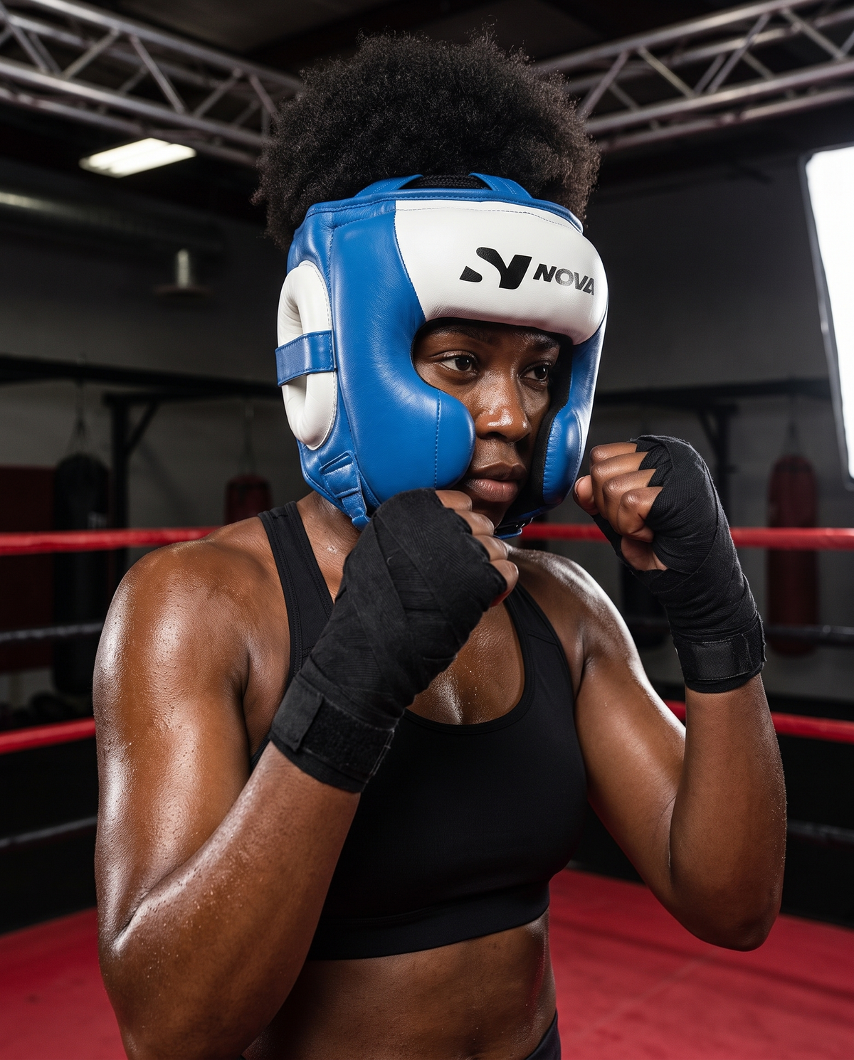 Fighter in ready stance in the ring wearing NOVA blue leather head guard — Head Guards from Nova Sports Mauritius
