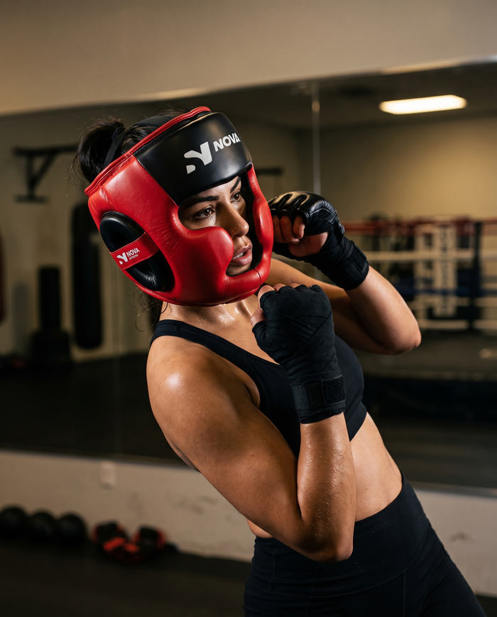 Fighter mid-sparring wearing NOVA red leather head guard with black crown — Head Guards available in Mauritius
