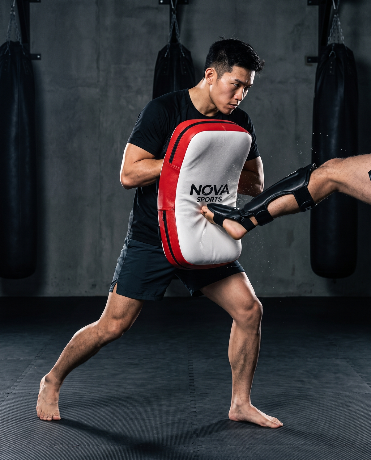 Coach bracing a NOVA white and red curved kick shield as a partner lands a kick — Kick Shields from Nova Sports Mauritius
