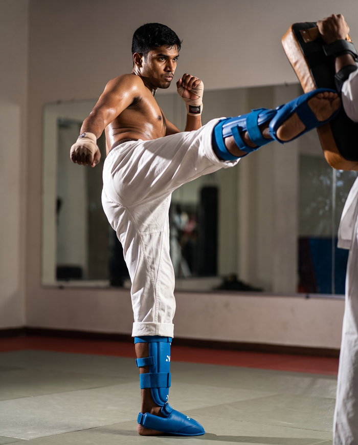 Athlete mid-roundhouse-kick wearing NOVA blue karate shin and foot guards — Shin & Foot Guards available in Mauritius

