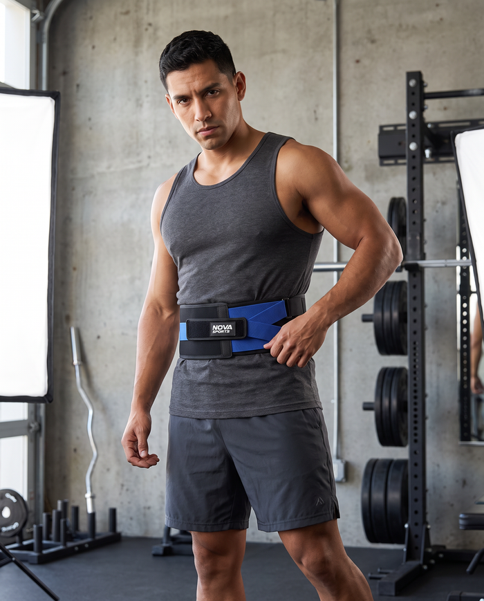 Padded back support belt with blue elastic pull-straps and hook-and-loop closure — Nova Sports Mauritius — Support Belts available in Mauritius

