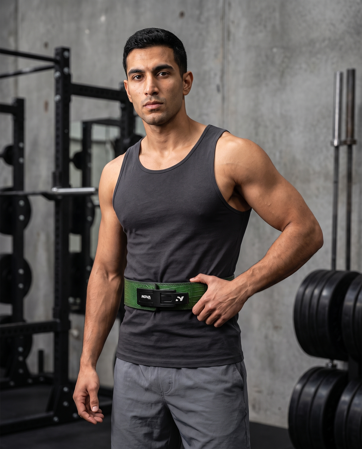 Green crocodile-embossed leather lever belt with grey suede lining — powerlifting belt at Nova Sports Mauritius — Belts from Nova Sports Mauritius
