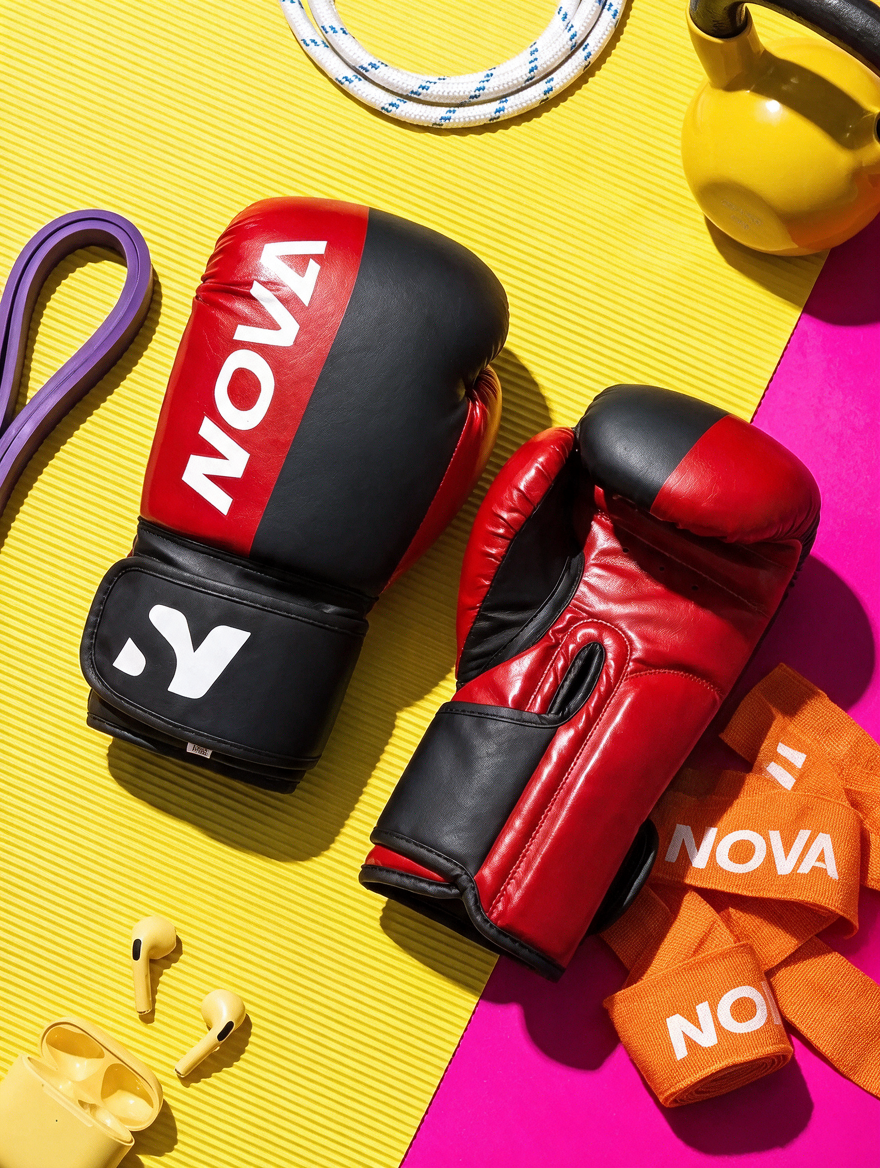 Red and grey boxing gloves with a wide hook-and-loop wrist strap — Nova Sports Mauritius — Gloves from Nova Sports Mauritius
