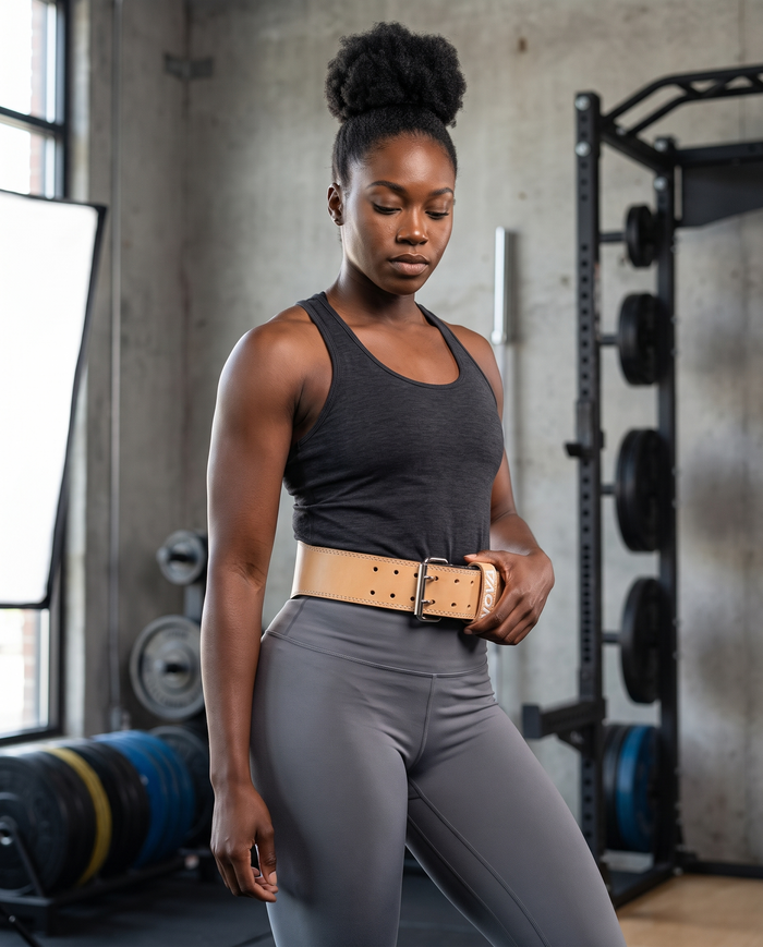 Natural tan full-grain leather weightlifting belt with red suede lining — Nova Sports Mauritius — Belts available in Mauritius
