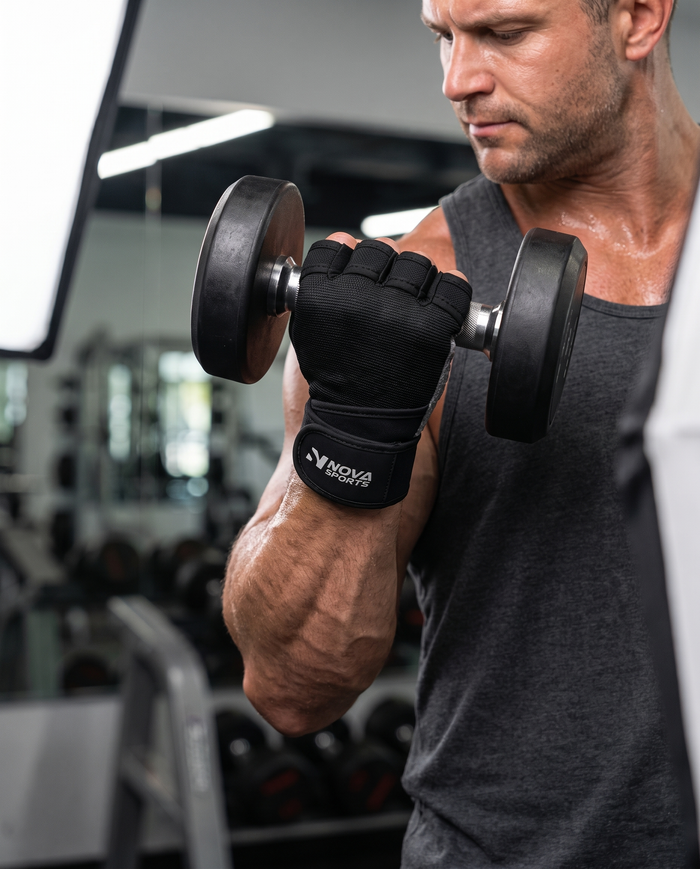 Weightlifting gloves with a grey silicone grip palm and breathable knit back — Nova Sports Mauritius — Gloves available in Mauritius
