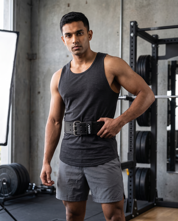 Black leather weightlifting belt with a double-prong roller buckle — Nova Sports Mauritius — Belts available in Mauritius
