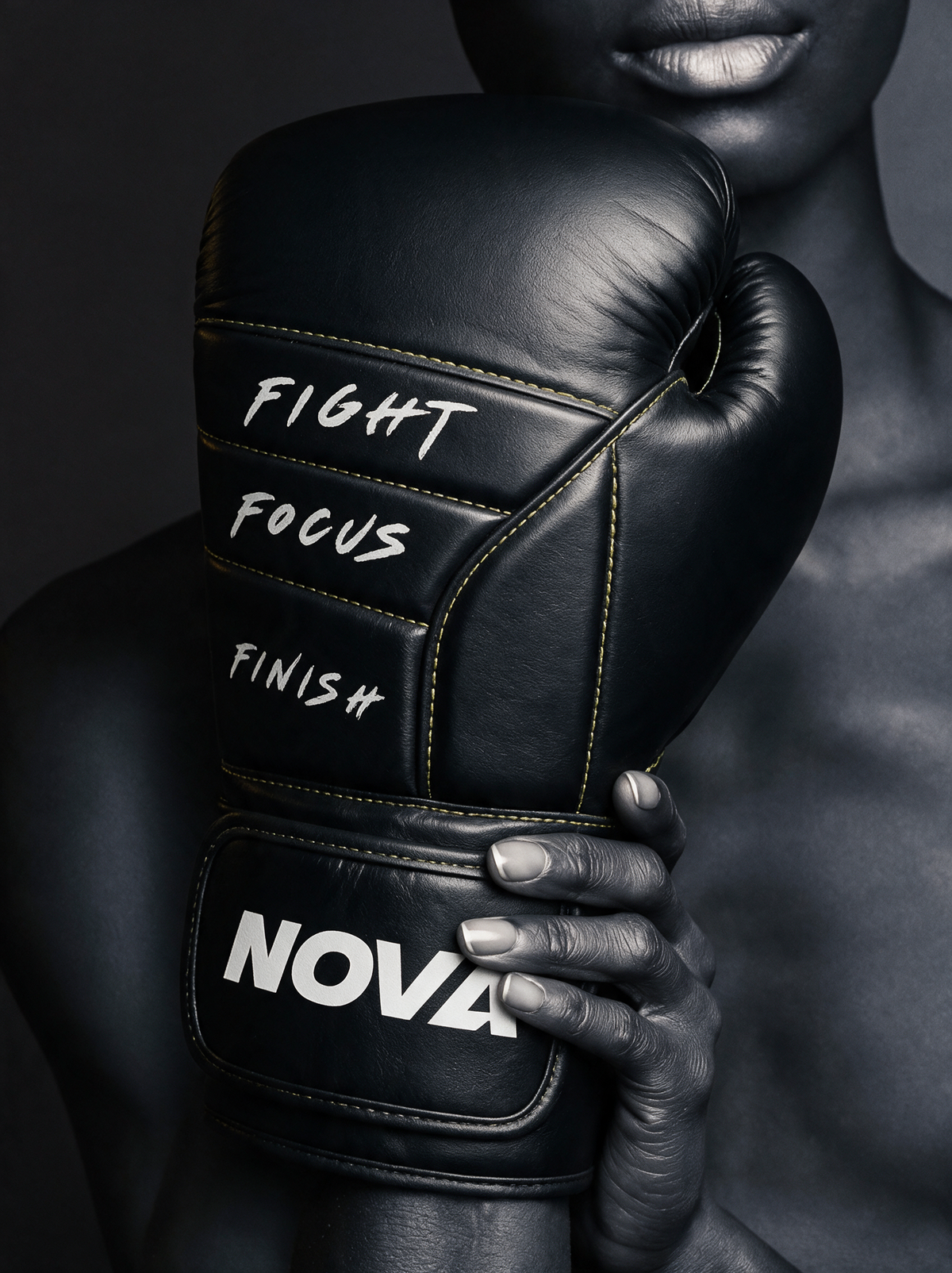 Nova Fight Focus Finish premium boxing glove in black full-grain buffalo leather with gold stitching — Gloves from Nova Sports Mauritius
