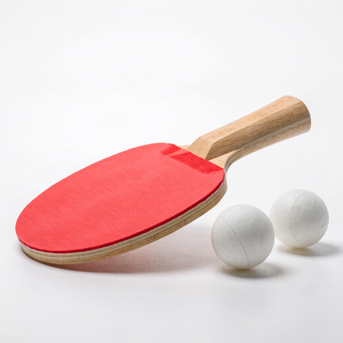 Table tennis racket with red rubber face and two white balls — ping pong rackets at Nova Sports Mauritius — Games available in Mauritius
