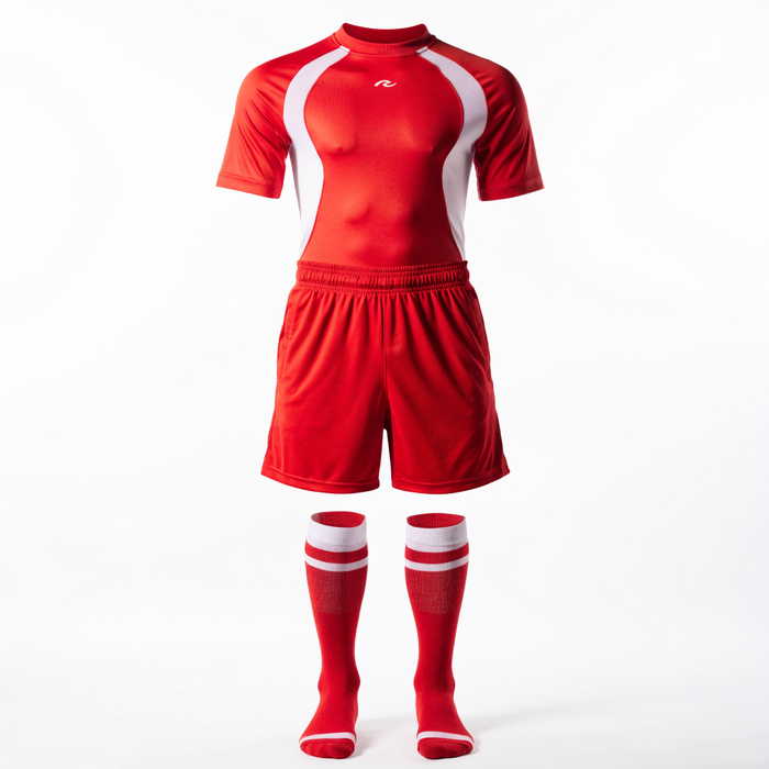 Red and white football kit with jersey, shorts and socks laid flat — team football uniforms at Nova Sports Mauritius — Football available in Mauritius
