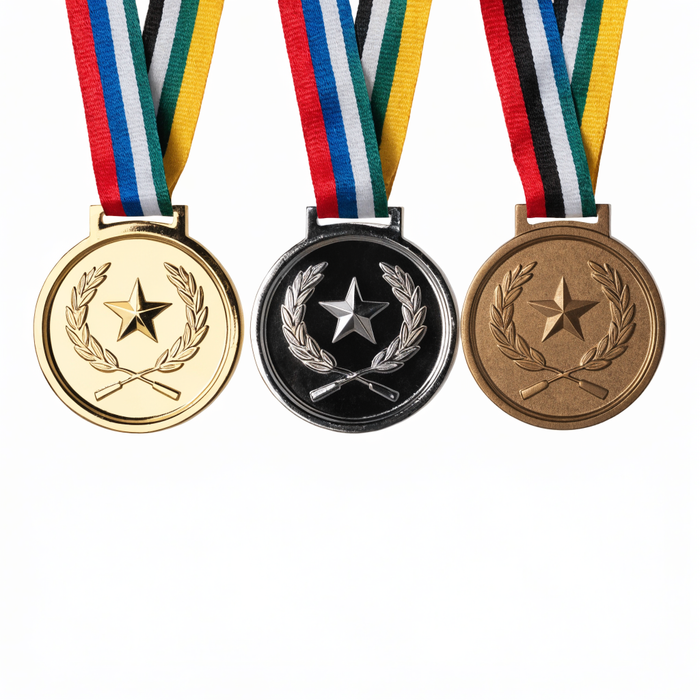 Gold, silver and bronze sports medals on striped ribbons — medals at Nova Sports Mauritius — Trophy available in Mauritius
