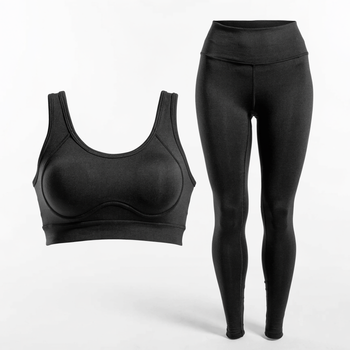 Black sports bra and matching leggings gym set — gym wear at Nova Sports Mauritius — Apparel available in Mauritius

