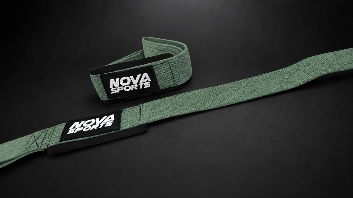 Nova Sports cotton lifting straps in olive green, laid flat — Straps & Grips from Nova Sports Mauritius
