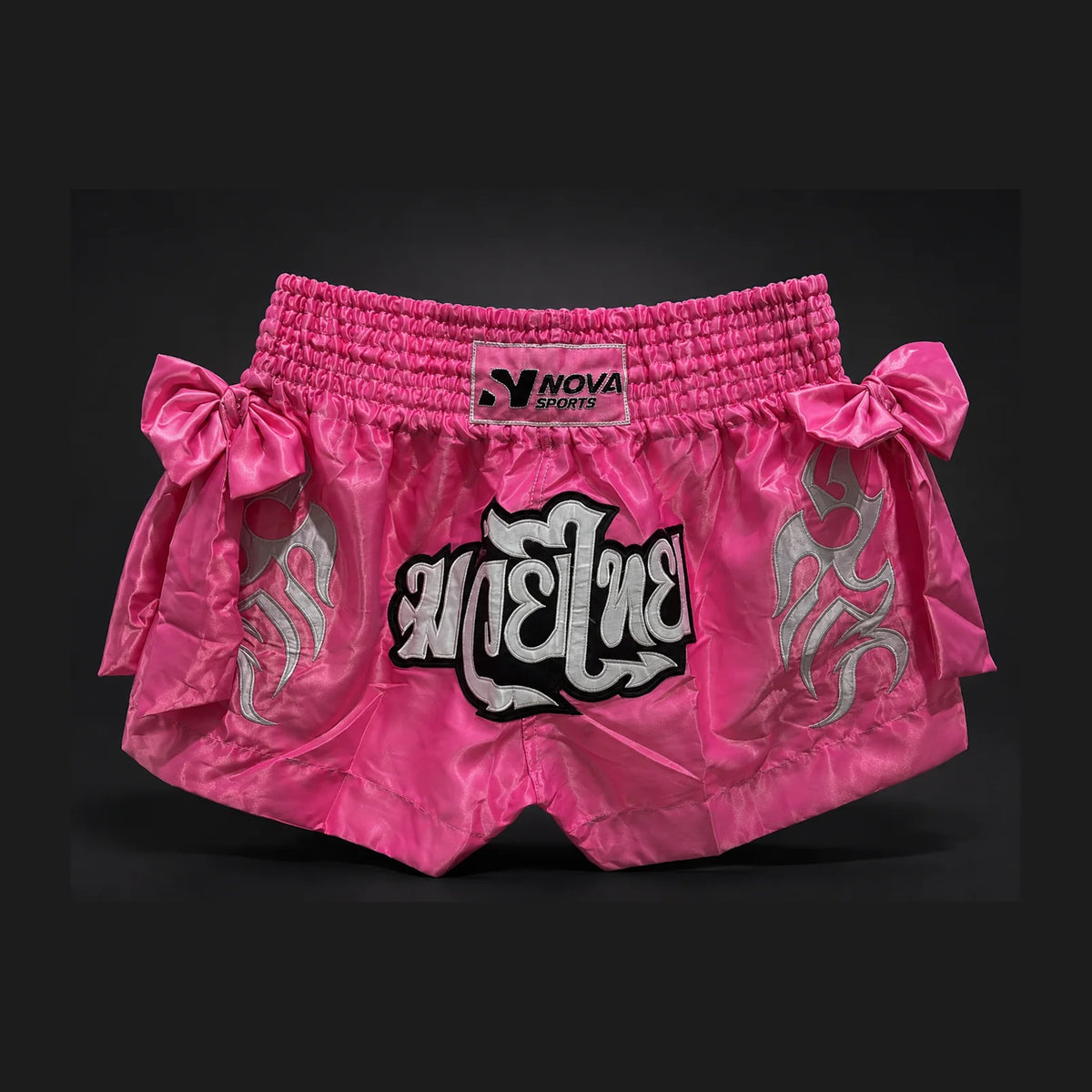 Nova pink Muay Thai shorts with tribal print and ribbon bows — Shorts from Nova Sports Mauritius
