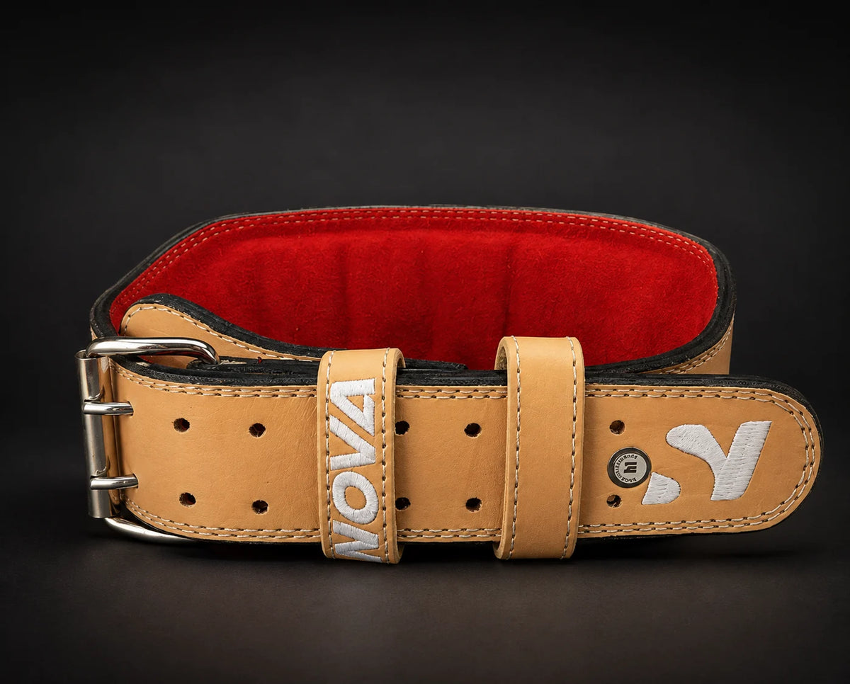 Tan full-grain leather weightlifting belt with red suede lining — Belts from Nova Sports Mauritius
