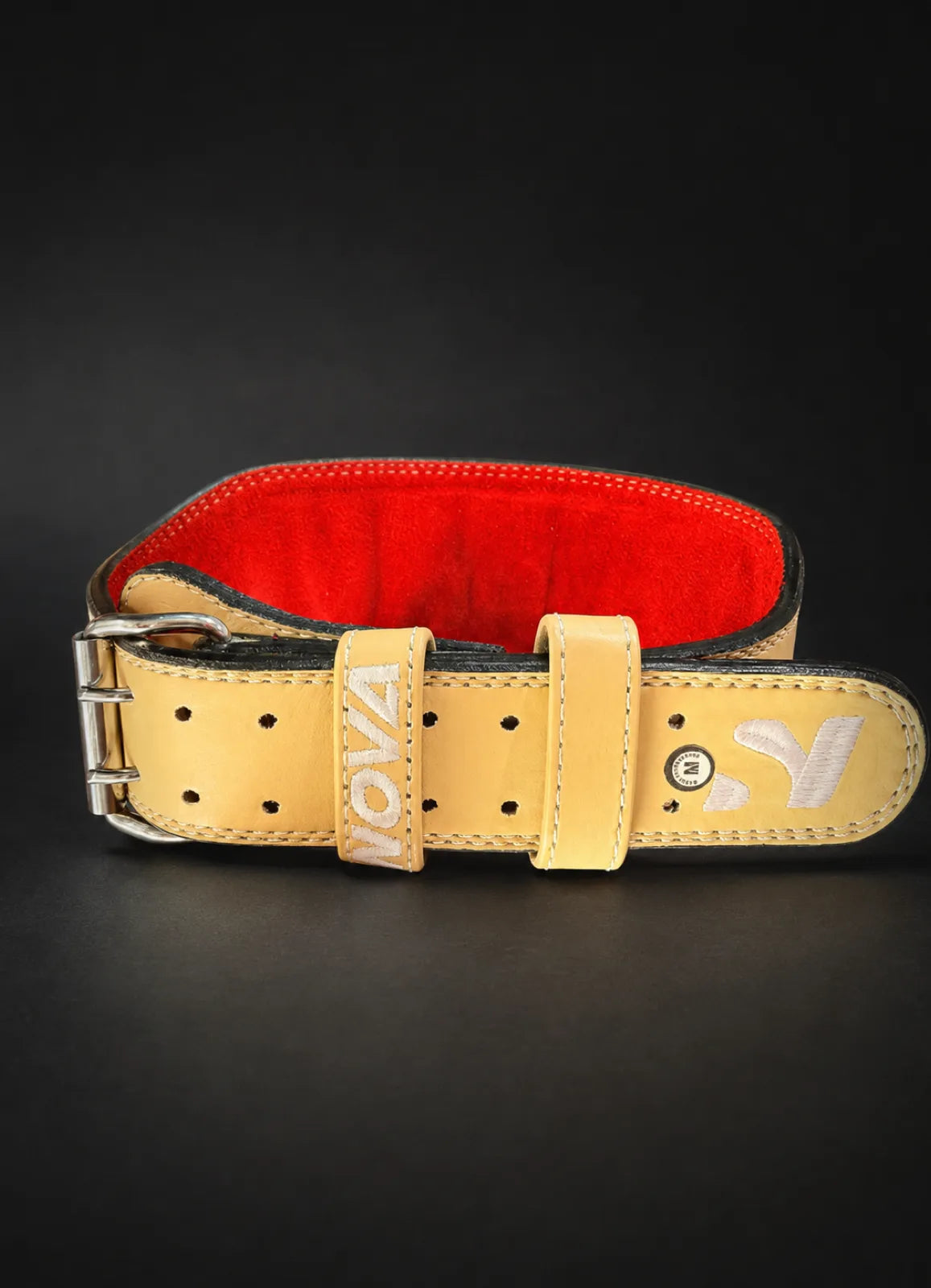 Nova Sports natural leather lifting belt with red suede lining and double-prong buckle — Belts from Nova Sports Mauritius

