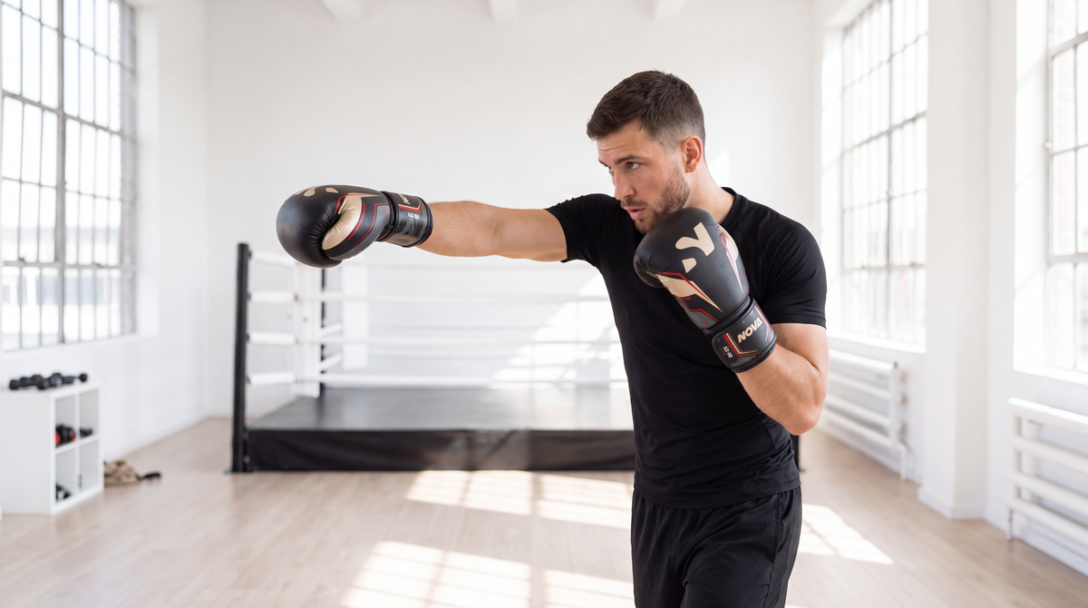 Boxer throwing a jab in Nova black, gold and red boxing gloves in a bright gym
