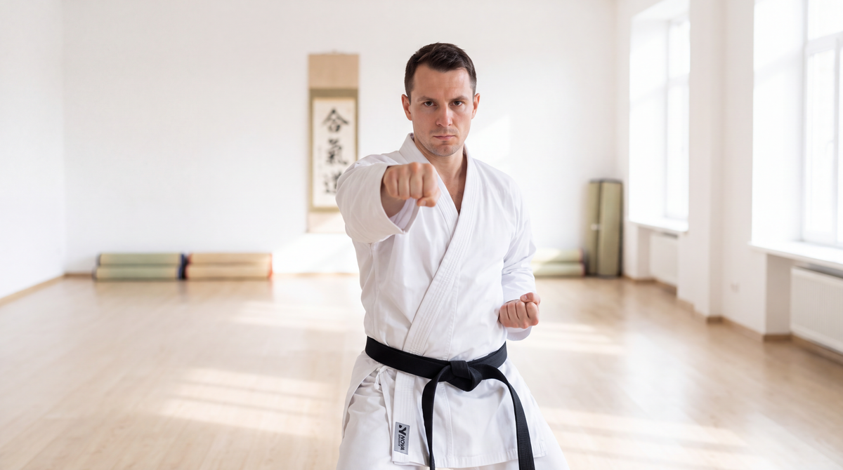 Karateka punching in a white Nova karate gi in a bright dojo