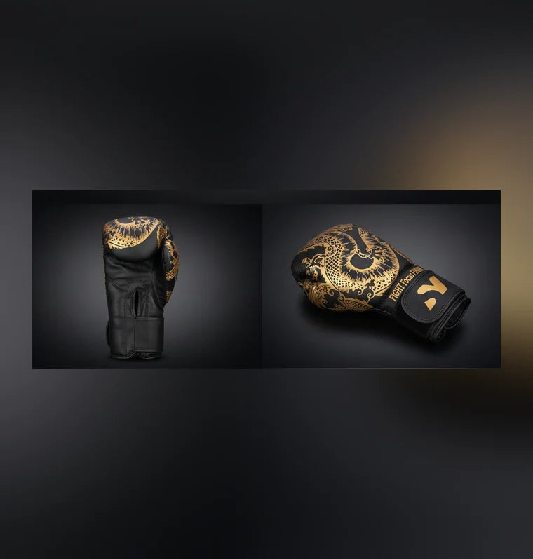 Nova Dragon Edition Boxing Gloves – Black & Gold — view 2 — Gloves from Nova Sports Mauritius
