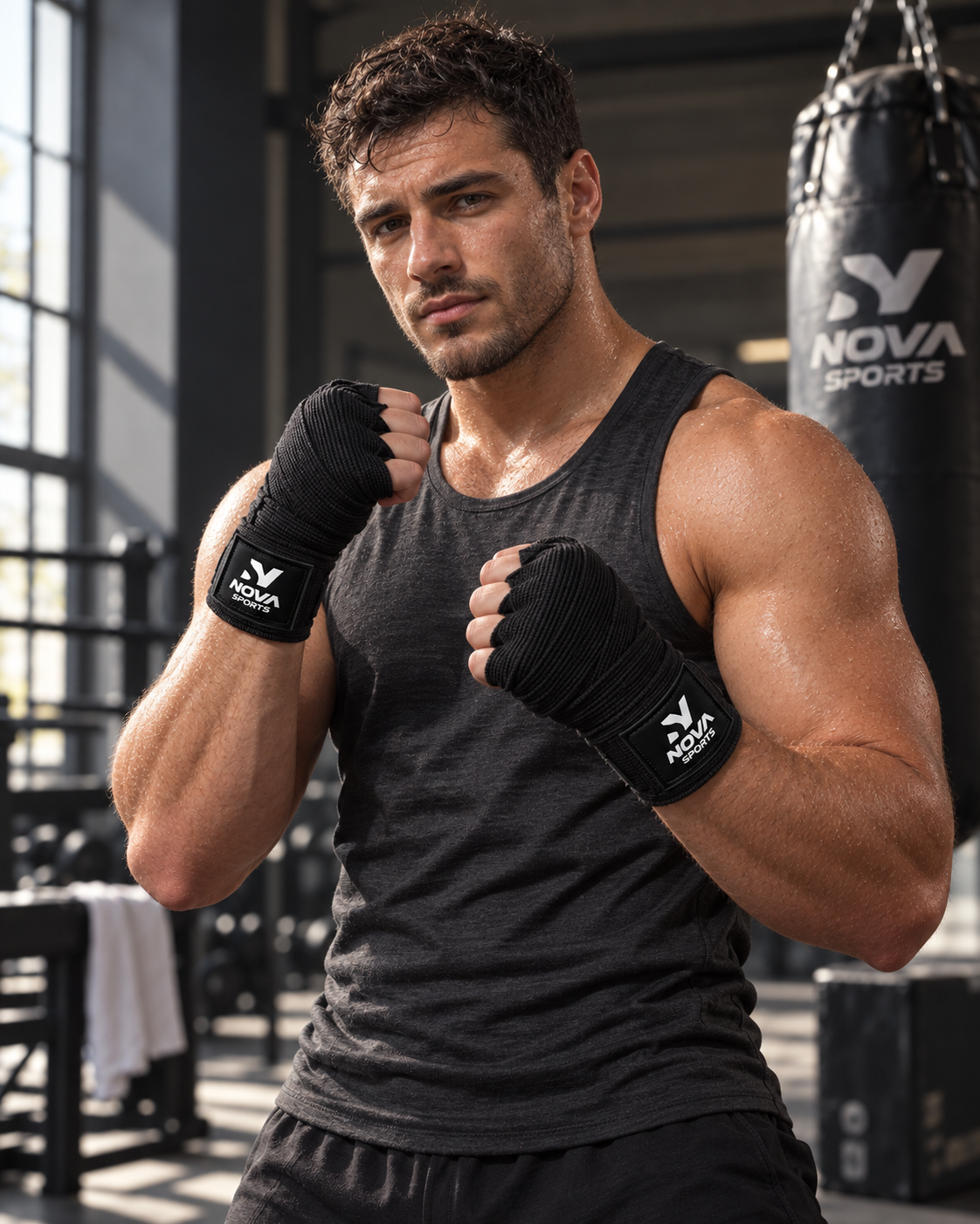 Black Nova Sports boxing hand wraps worn in a guard position by a man training beside a Nova Sports punching bag — Hand Wraps from Nova Sports Mauritius

