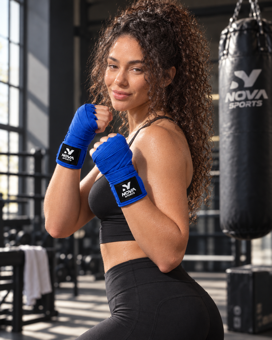 Blue Nova Sports boxing hand wraps worn in a guard position by a woman training beside a Nova Sports punching bag — Hand Wraps from Nova Sports Mauritius
