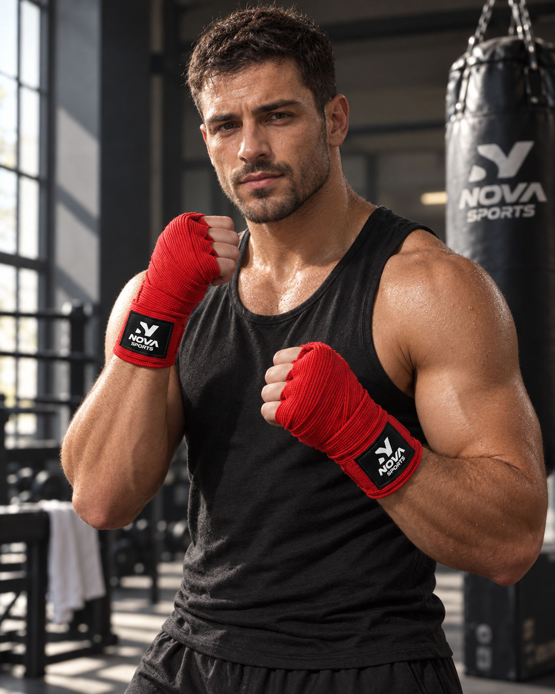 Red Nova Sports boxing hand wraps worn in a guard position by a man training beside a Nova Sports punching bag — Hand Wraps from Nova Sports Mauritius
