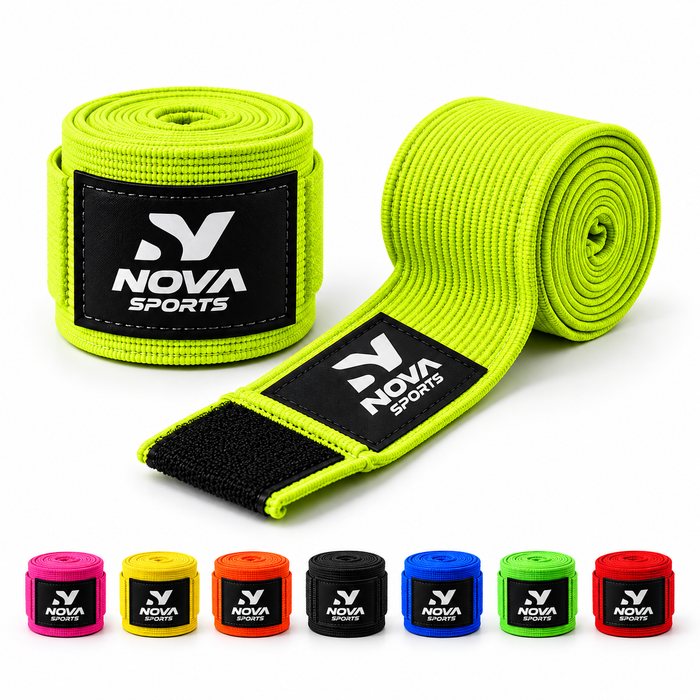 Nova Sports elastic hand wraps in neon yellow, rolled and unrolled with hook-and-loop strap and Nova Sports label, shown with pink, yellow, orange, black, blue, green and red colour options — boxing and Muay Thai hand wraps in Mauritius — Hand Wraps available in Mauritius
