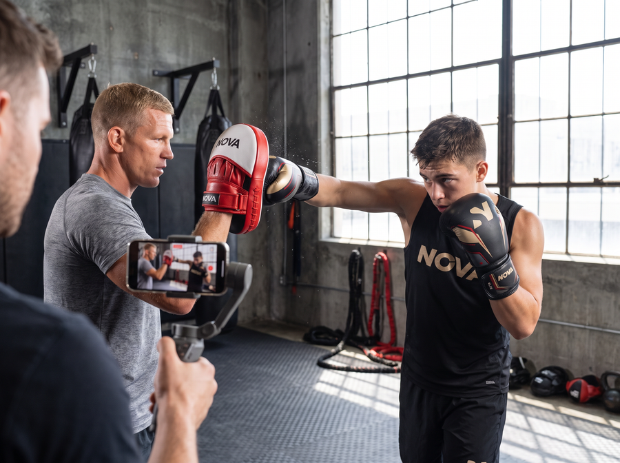 Content creator filming an athlete training with Nova gloves and a Nova focus mitt