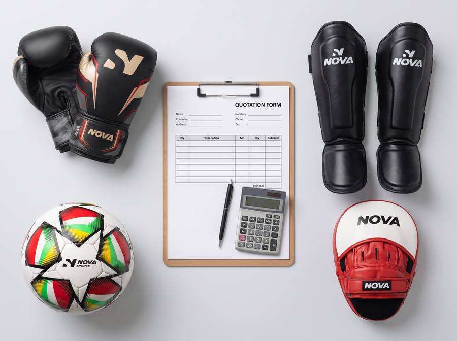 Nova gloves, football, shin guards and focus mitt around a quotation clipboard