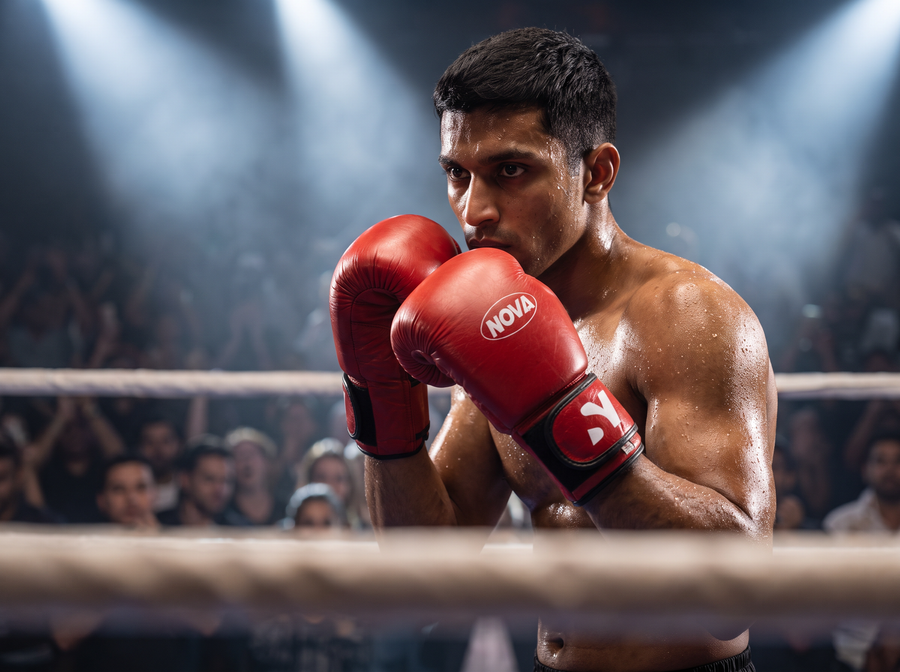 Boxer wearing red Nova leather boxing gloves in the ring on fight night