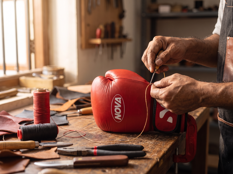 Hands stitching a red Nova leather boxing glove in the workshop